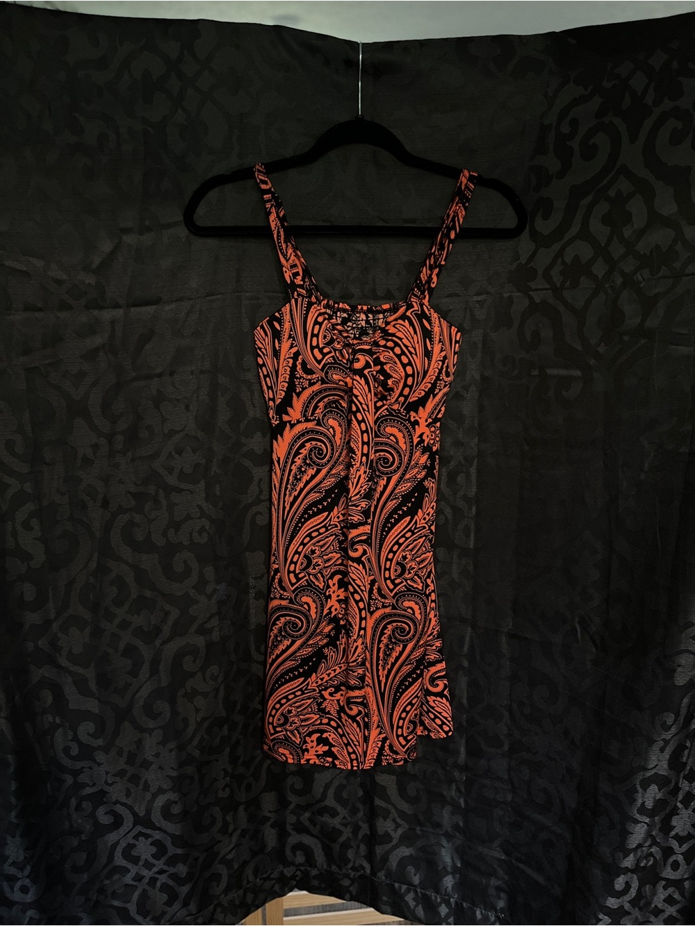 Sleeveless Black & Orange Paisley Shift Dress